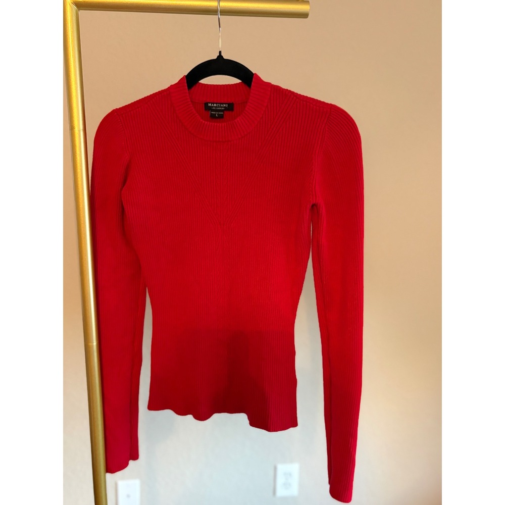 Marciano Los Angeles Sweater Red Ribbed Mock Neck L Designer Holiday Luxury